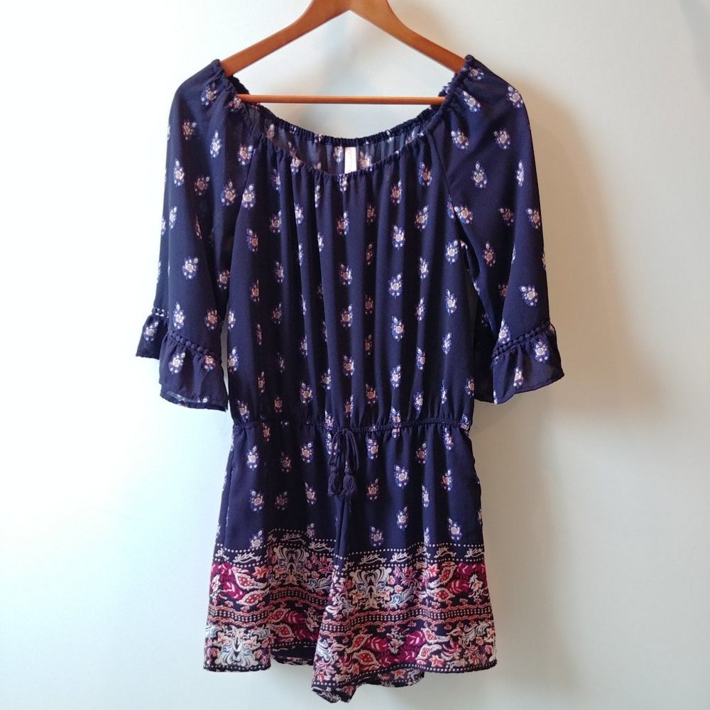 Juniors Romper, Navy Blue, Xhilaration Size XL, 3/4 Sleeves, pockets